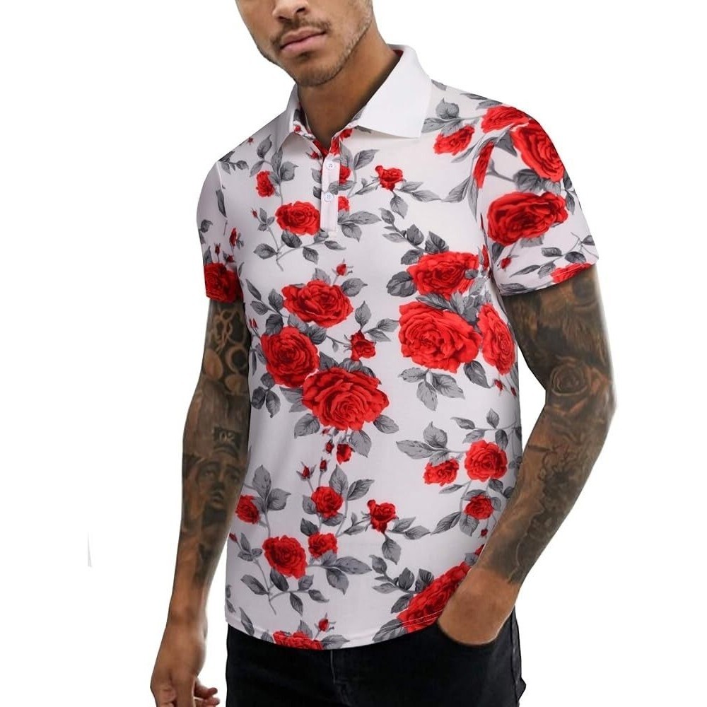URRU Men's Red/White Floral  Short Sleeve Polo New with Tags Size Large